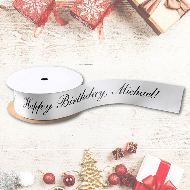 Happy Birthday Custom Text Black And White Chic Satin Ribbon (Creator Uploaded)