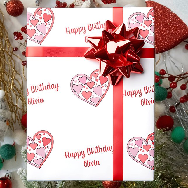 Happy Birthday Custom Text Cheerful Pink Hearts Wrapping Paper (Creator Uploaded)