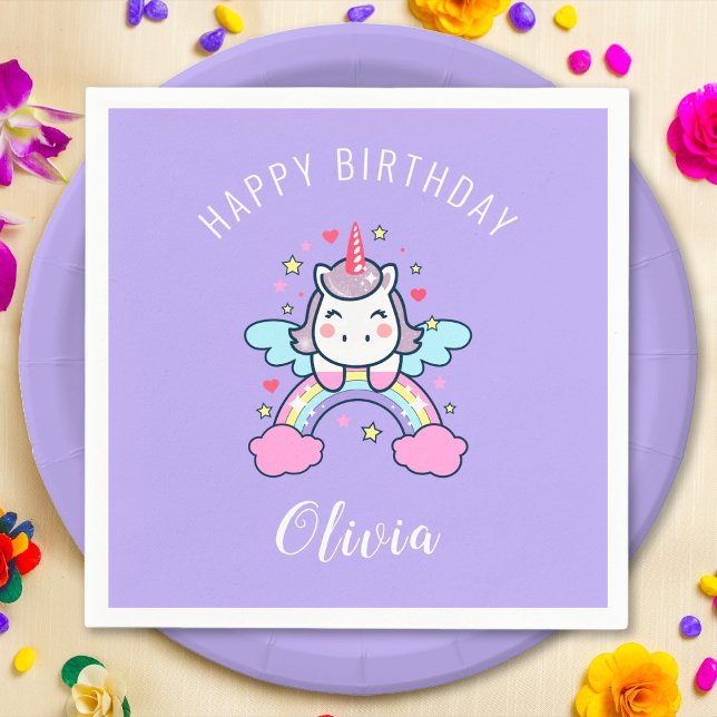 Happy Birthday Custom Text Cute Rainbow Unicorn Napkin (Creator Uploaded)