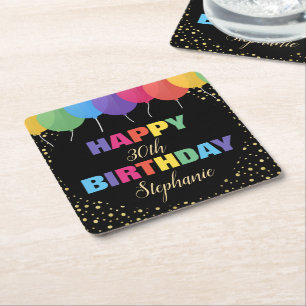 Happy Birthday Custom Year Name Colourful Balloons Square Paper Coaster