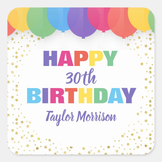 Happy Birthday Custom Year Name Colourful Balloons Square Sticker (Front)
