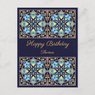 Happy Birthday customisable blue Azulejos ,  Postc Postcard