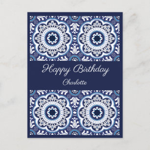Happy Birthday customisable blue Azulejos Postcard