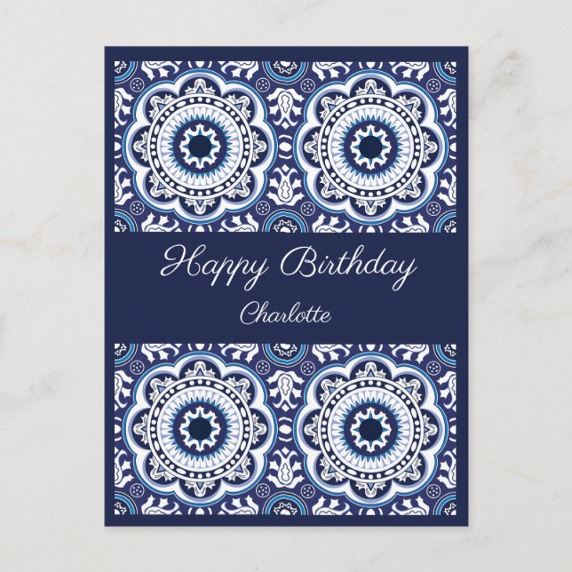 Happy Birthday customisable blue Azulejos Postcard (Front)