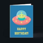 Happy Birthday, Cute Alien in Spacecraft Card<br><div class="desc">Wish a happy birthday to the kid with this cute greeting card that has a cute, happy and friendly green alien with a heart shaped antennae that comes in peace and is out to make friends. It is travelling in a tiny spaceship across the galaxy. Great for kids who love...</div>