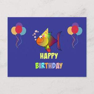 Happy birthday, cute and colourful cartoon fish postcard