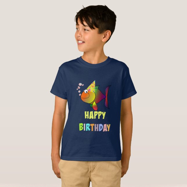 Happy birthday, cute and colourful cartoon fish T-Shirt (Front Full)