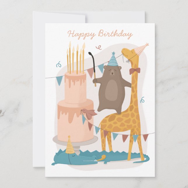Happy birthday. Cute animals. Funny bear giraffe (Front)