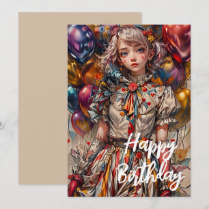 Happy Birthday Cute Animated Girl with Balloons Holiday Card
