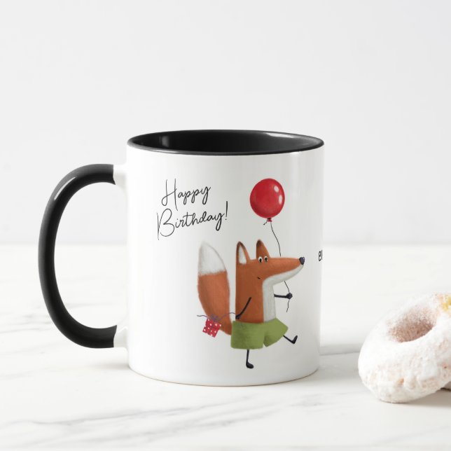 Happy Birthday Cute Balloon Fox Personalised Name Mug (With Donut)