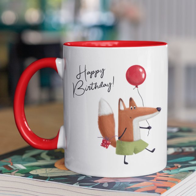 Happy Birthday Cute Balloon Fox Personalised Name Mug (Creator Uploaded)
