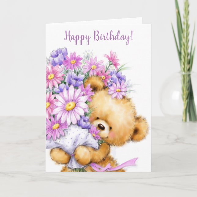 Happy Birthday, cute bear with beautiful flowers Card (Front)