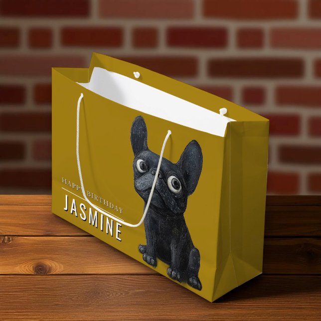 Happy Birthday Cute Black Frenchie Mustard Yellow  Large Gift Bag (Creator Uploaded)
