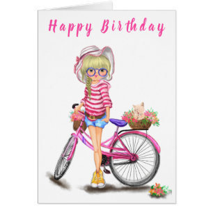 Happy Birthday - Cute Blonde Girl with Pink Bike 