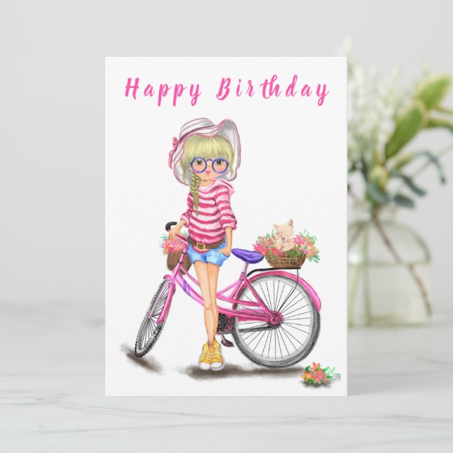 Happy Birthday - Cute Blonde Girl with Pink Bike  (Standing Front)