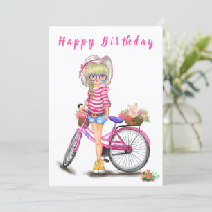 Happy Birthday - Cute Blonde Girl with Pink Bike