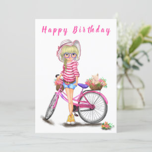 Happy Birthday - Cute Blonde Girl with Pink Bike 