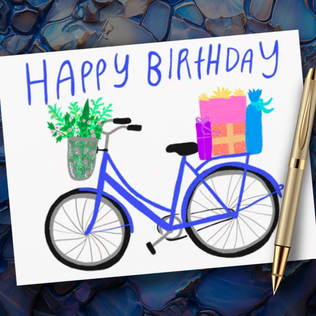 HAPPY BIRTHDAY Cute Blue Bicycle Custom  Postcard (Custom happy birthday postcard with a cute blue bicycle design)