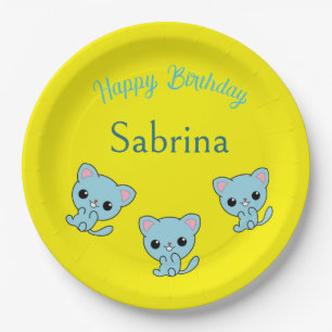 Happy birthday cute bouncy blue kittens yellow paper plate