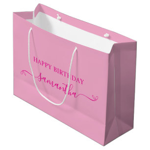 Happy Birthday Cute Bow Signature Name Pink Large Gift Bag