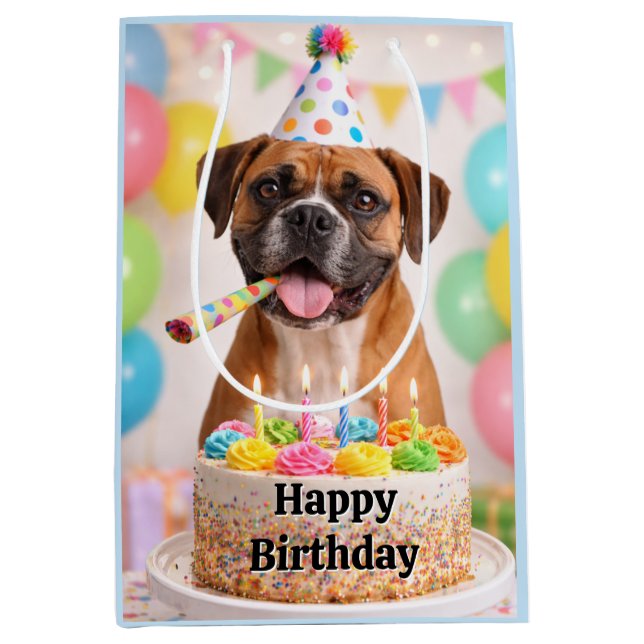 Happy Birthday Cute Boxer Dog  Medium Gift Bag (Front)