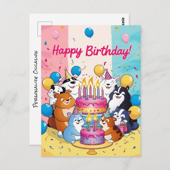 Happy Birthday Cute Cartoon Animals Birthday Cake  Postcard (Front/Back)