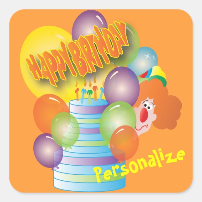 Happy Birthday Cute Cartoon Clown for Kids Square Sticker (Front)