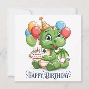 "Happy Birthday" Cute Cartoon Green Dragon Holiday Card