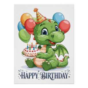 "Happy Birthday" Cute Cartoon Green Dragon Poster