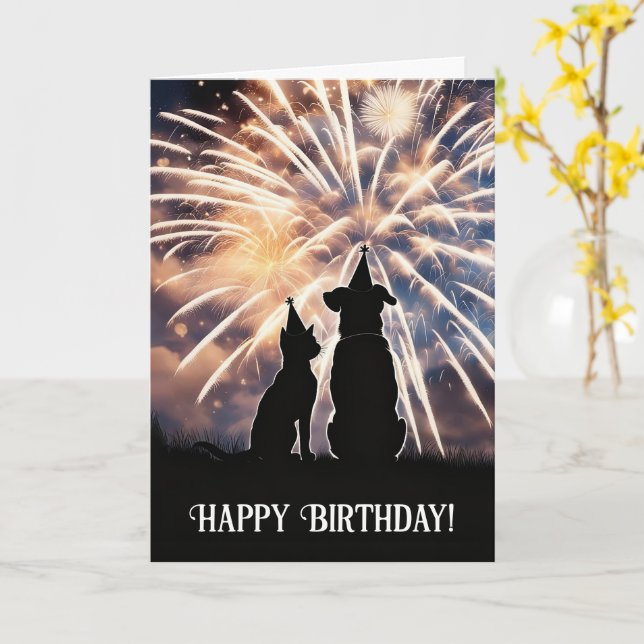 Happy Birthday Cute Cat Dog Fireworks Card (Yellow Flower)