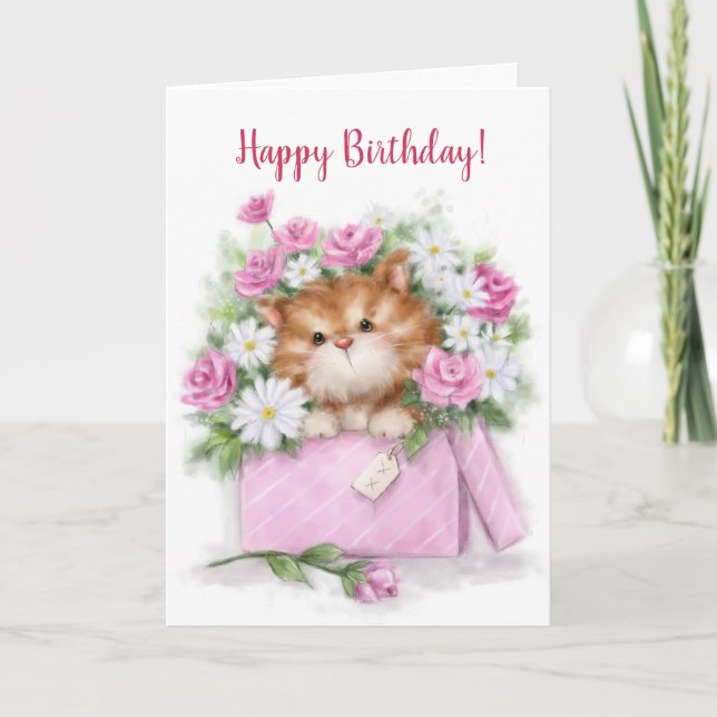 Happy Birthday, cute cat in flower box Card (Front)