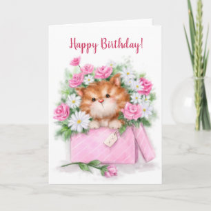 Happy Birthday, cute cat in flower box Card