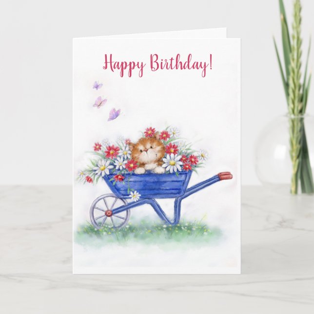 Happy Birthday, cute cat in wheelbarrow Card (Front)