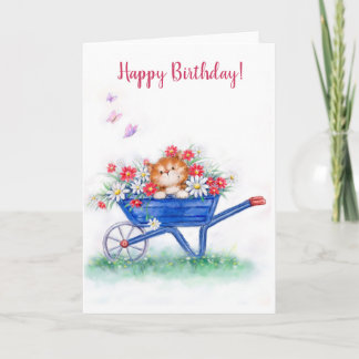 Happy Birthday, cute cat in wheelbarrow Card