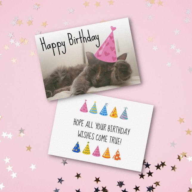 happy birthday cute cat with pink hat photo card (Creator Uploaded)