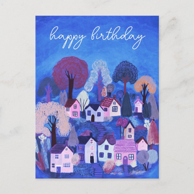 HAPPY BIRTHDAY Cute Country Village Illustration Postcard (Front)
