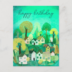 HAPPY BIRTHDAY Cute Country Village Illustration Postcard