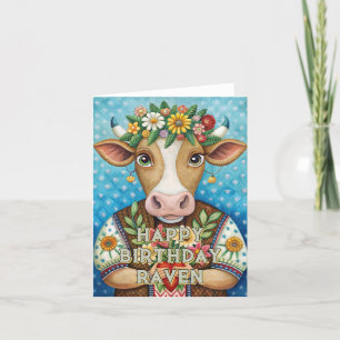Happy birthday cute cow floral foldet card
