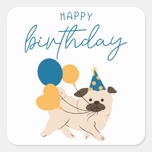 Happy Birthday Cute Dog & Balloons Simple Birthday Square Sticker (Front)