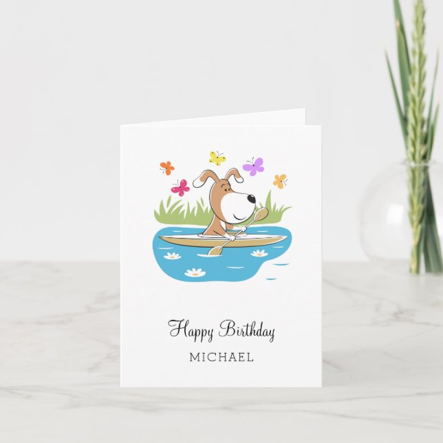 Happy Birthday Cute Dog Puppy Kayak Kayaking Card (Front)