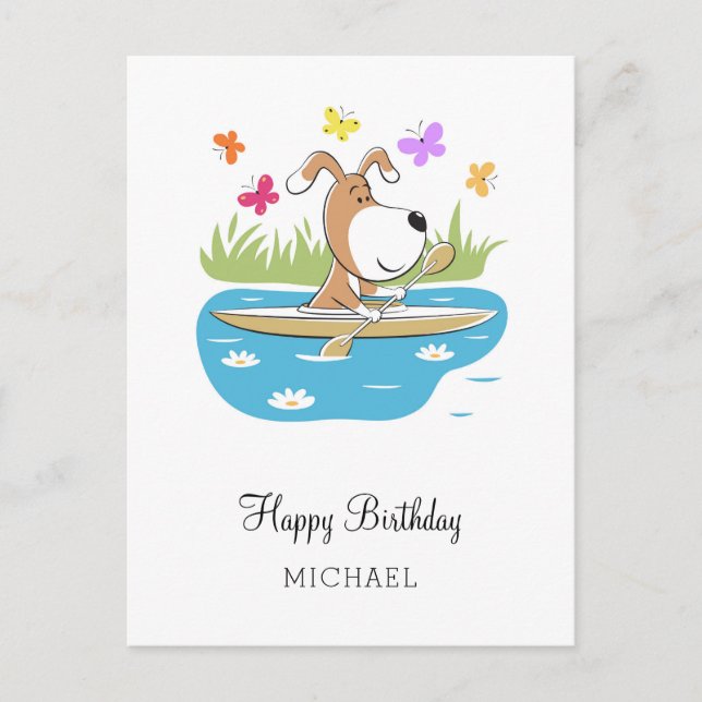 Happy Birthday Cute Dog Puppy Kayak Kayaking Postcard (Front)