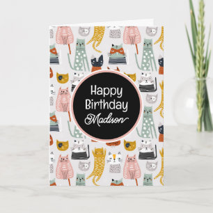 Happy Birthday   Cute Doodle Hand Drawn Cat Card