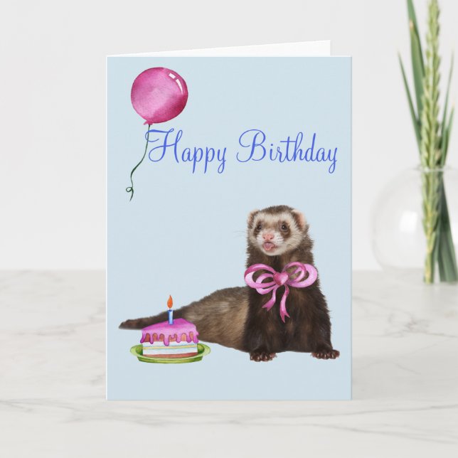 Happy Birthday Cute Ferret Cake Balloon Card (Front)