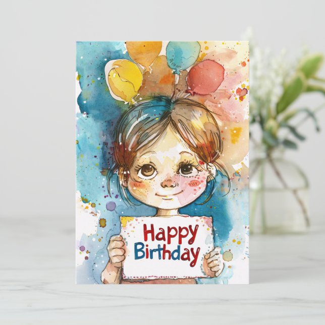 Happy Birthday Cute Girl with Balloons Holiday Card (Standing Front)