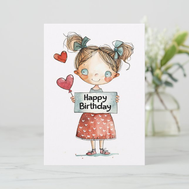 Happy Birthday Cute Girl with Balloons Holiday Card (Standing Front)