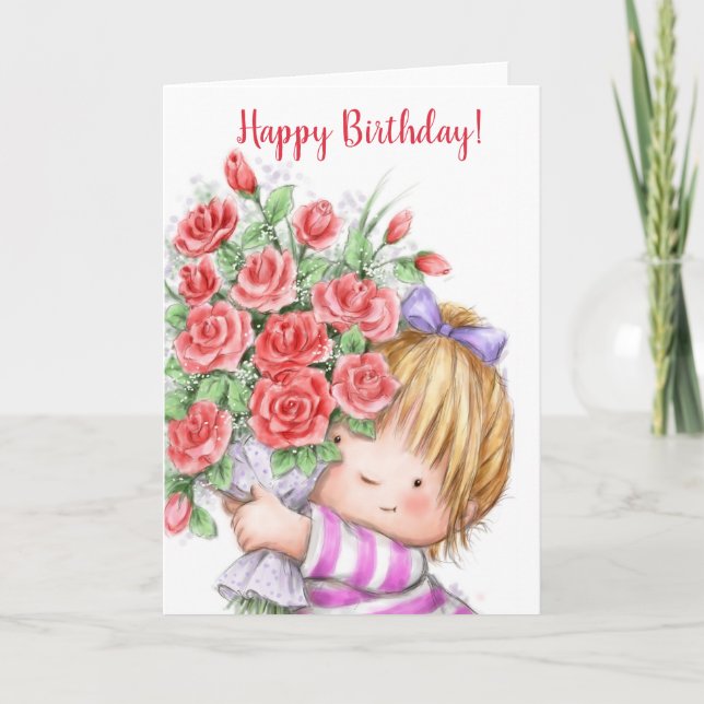Happy Birthday, cute girl with bunch of flowers Card (Front)