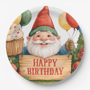 Happy Birthday Cute Gnome Watercolor Illustration Paper Plate