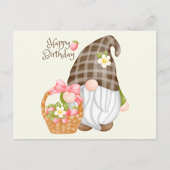 Happy Birthday Cute Gnome with Strawberry Basket Postcard (Front)