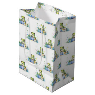 Happy Birthday Cute Green frog with wrapped gifts Medium Gift Bag