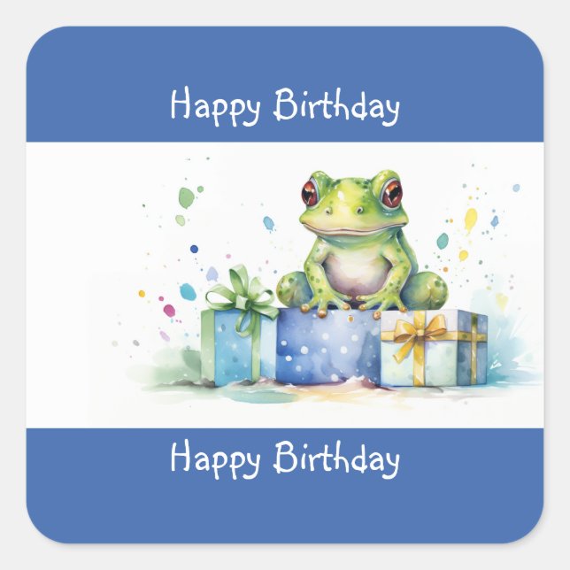 Happy Birthday Cute Green frog with wrapped gifts Square Sticker (Front)
